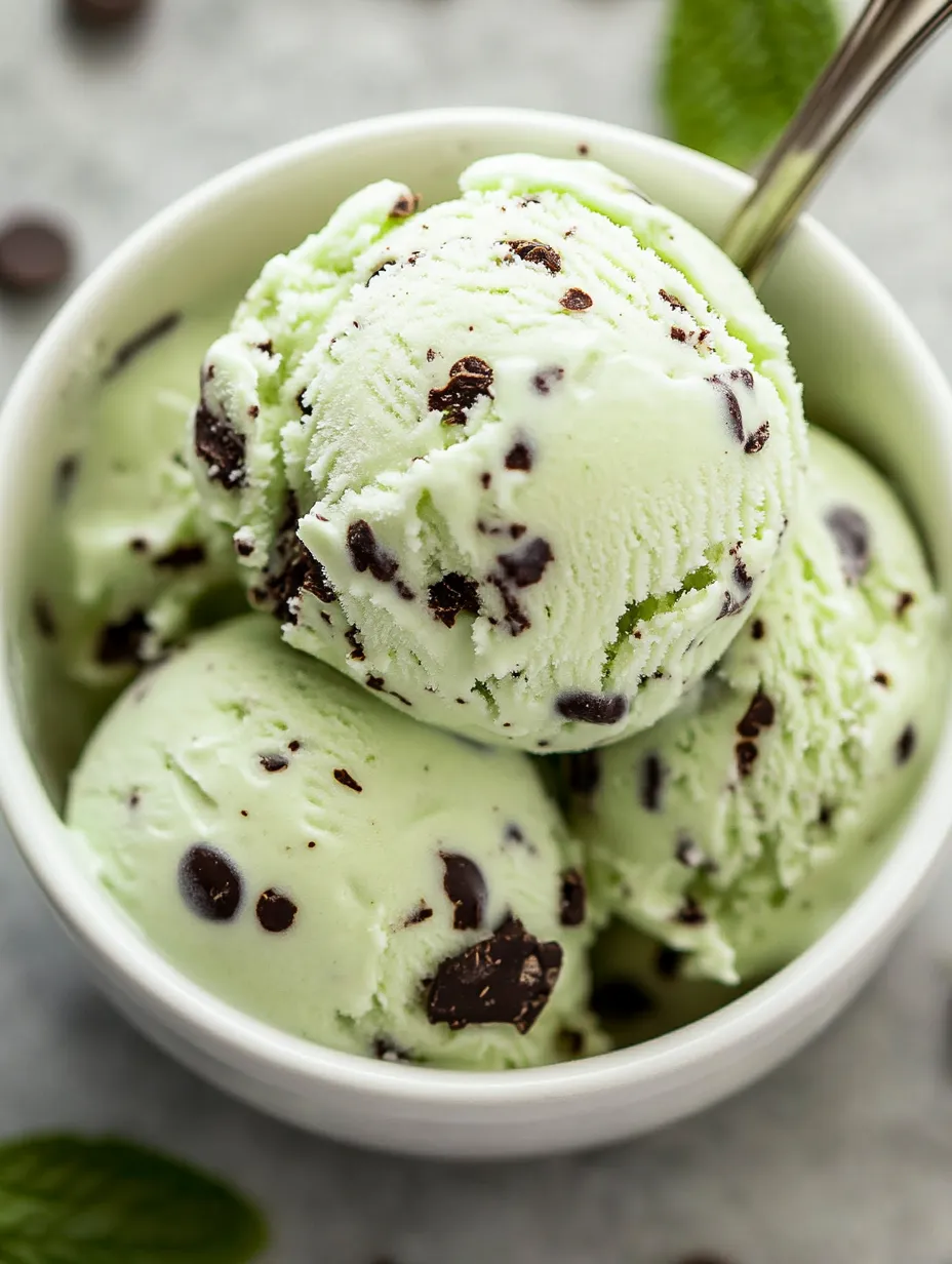 Eine Schale grünes Eis mit Schokostückchen.