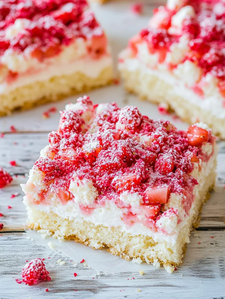 Ein Kuchenstück mit Erdbeeren oben drauf.