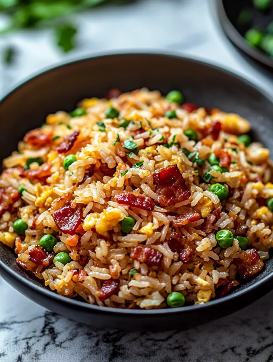 Eine Schüssel Reis mit Erbsen und Bacon.