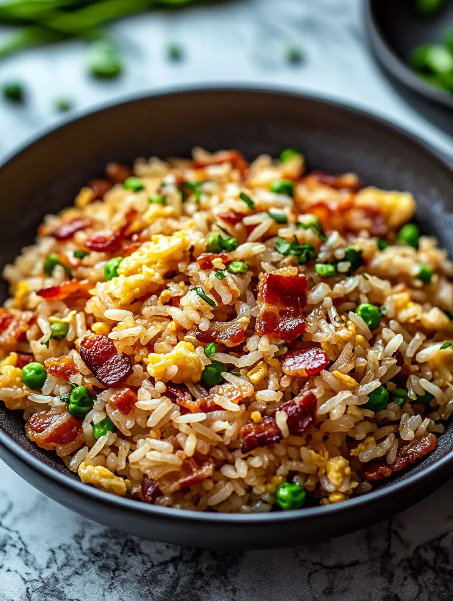 Eine Schüssel Reis mit Erbsen und Bacon.