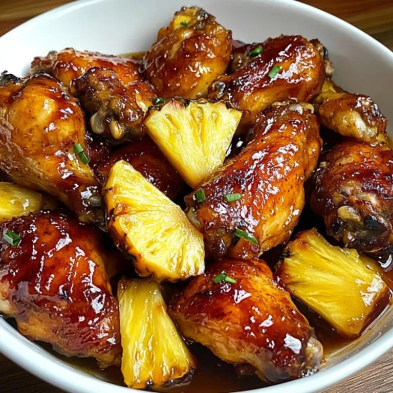Eine Schüssel mit Hähnchenflügeln und Ananas.