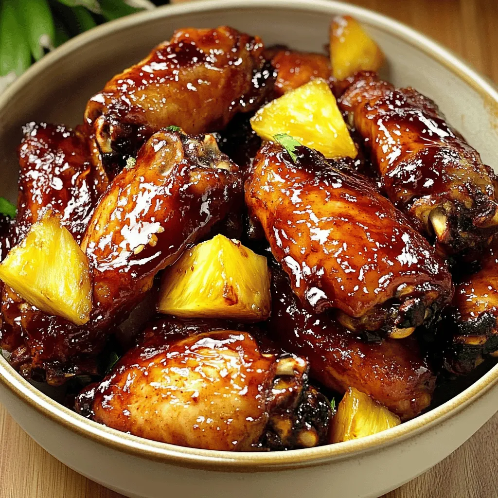 Eine Schale Hähnchenflügel mit Ananas und brauner Soße.