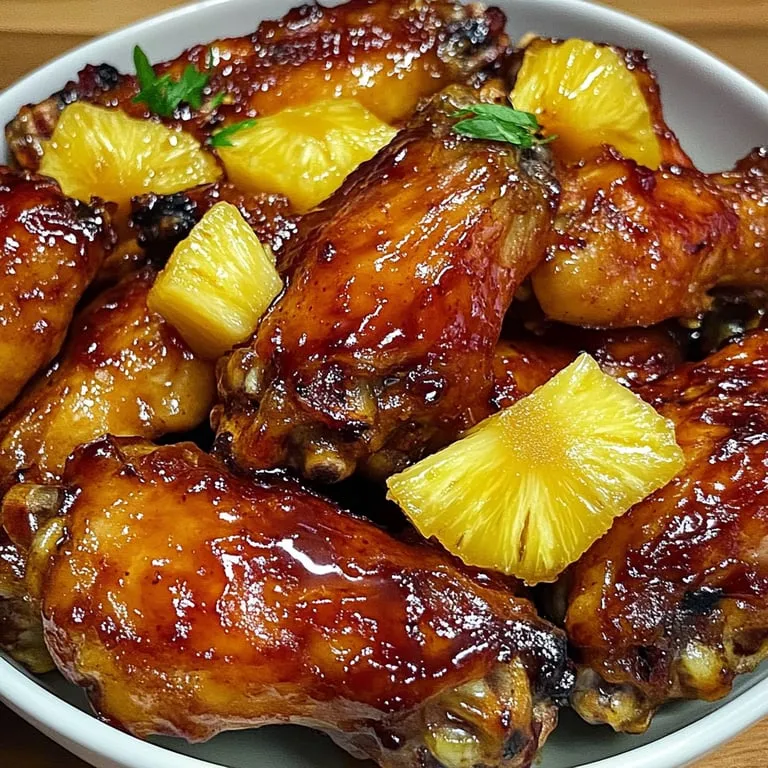 Eine Schale Hähnchenflügel mit Ananas.