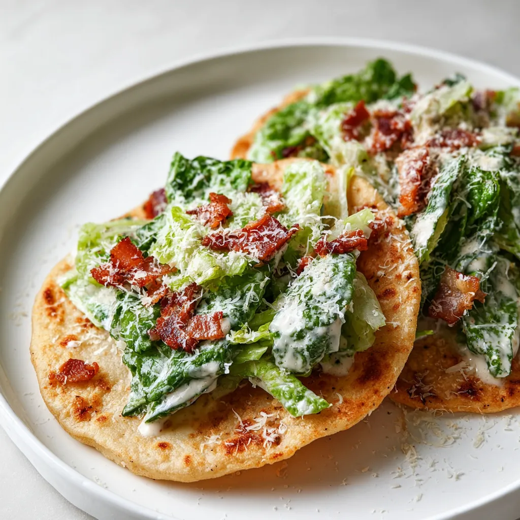 Teller mit Salat, Bacon und Hähnchen-Tacos.