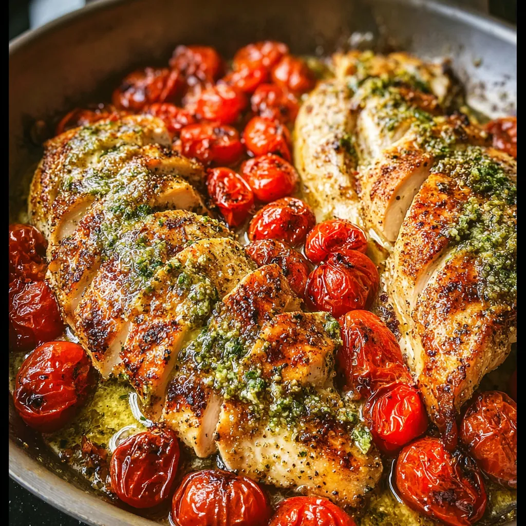 Pfanne mit Hähnchen und Tomaten.