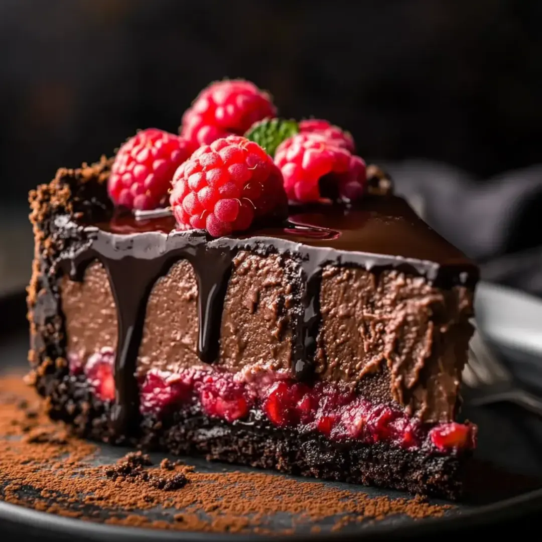 Schokoladenkuchenstück mit saftigen Himbeeren darauf.