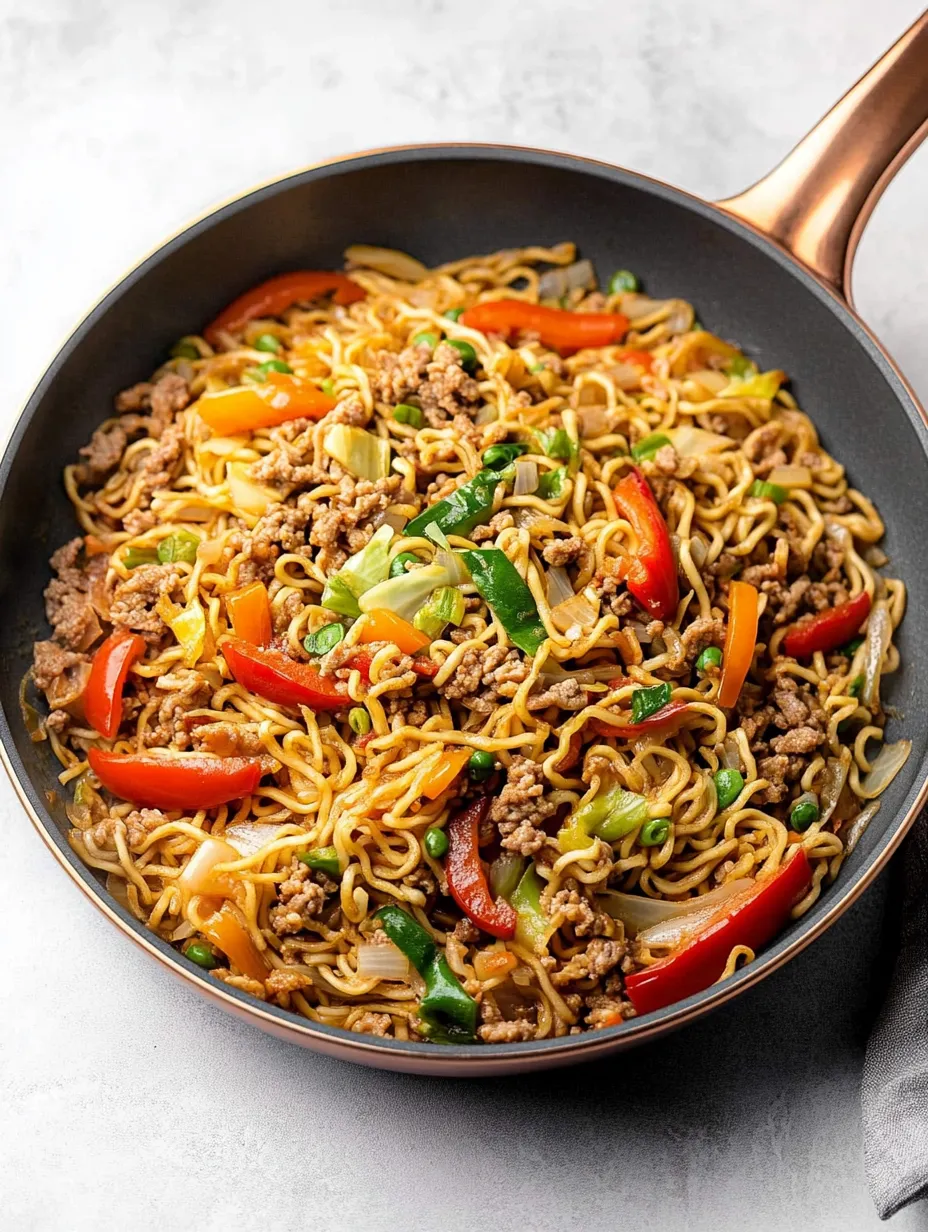 Eine Schüssel Nudeln mit Fleisch und Gemüse.