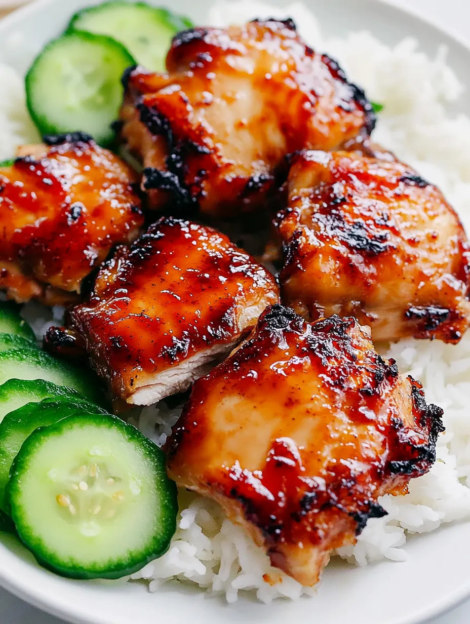 Ein Teller Reis mit gegrilltem Hähnchen und Gurkenscheiben.