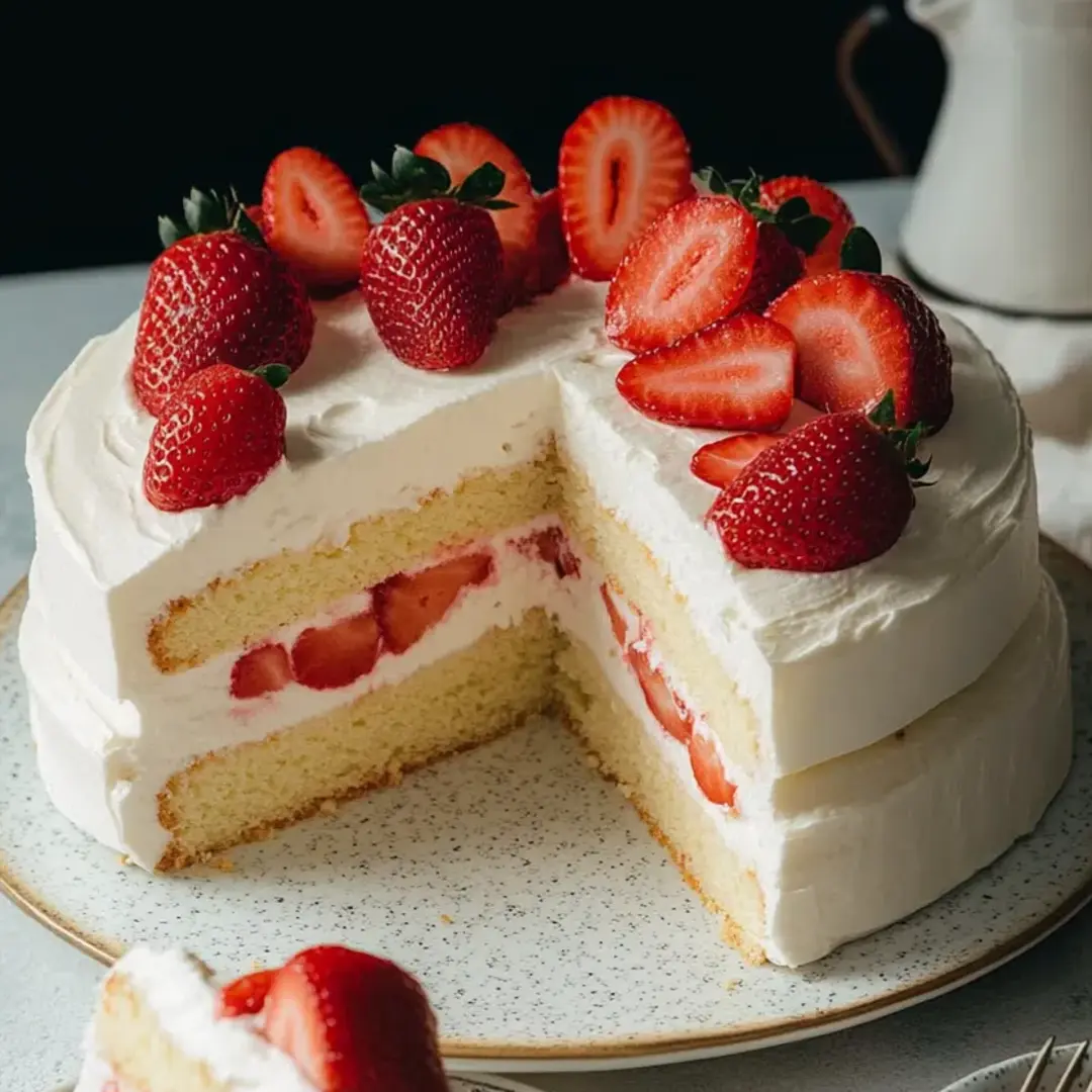 Ein Stück Kuchen mit Erdbeeren oben drauf.