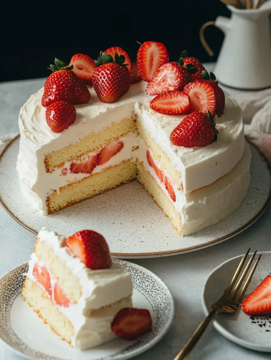 Ein Tortenstück mit Erdbeeren oben drauf.