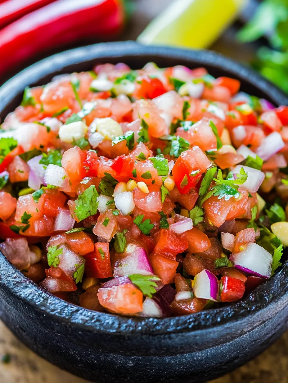 Schüssel voller Salsa mit Tomaten, Zwiebeln und Paprika.