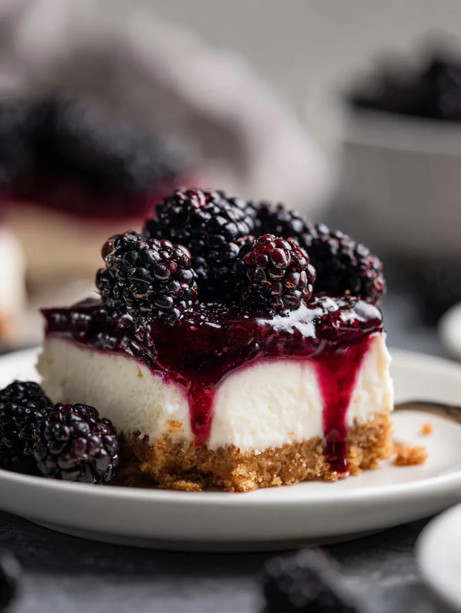 Ein Stück Torte mit Brombeeren obendrauf.