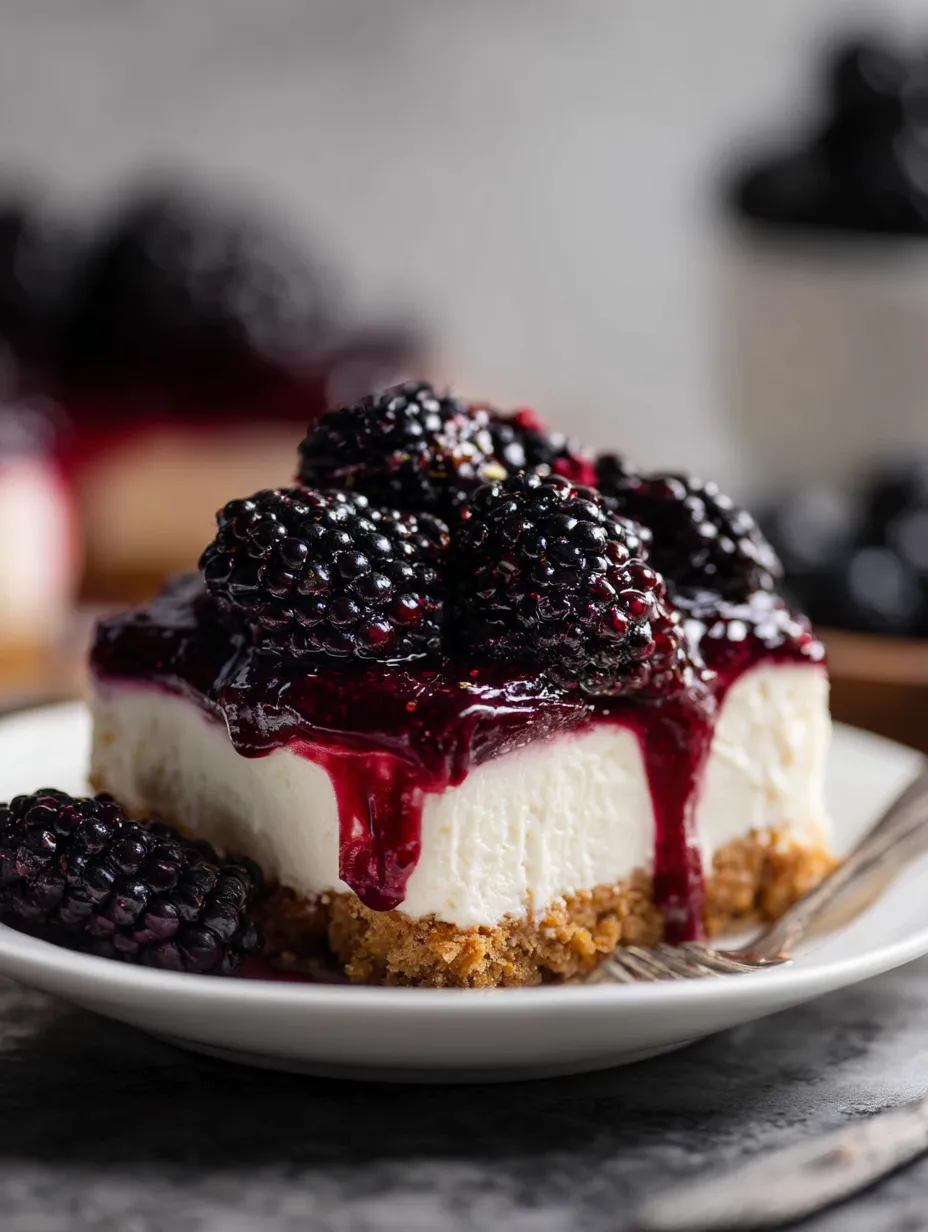 Ein Stück Torte mit Brombeeren obendrauf.