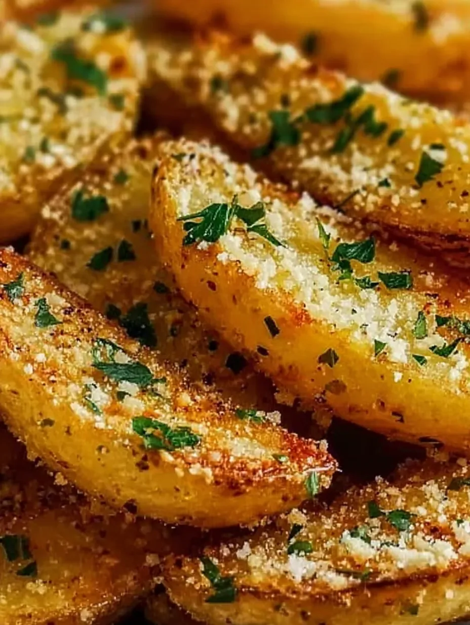 Nahaufnahme von goldenen Kartoffelspalten mit frischer Petersilie.