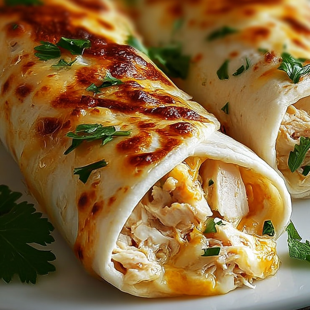 Zwei Hähnchen-Burritos liegen auf einem Teller.