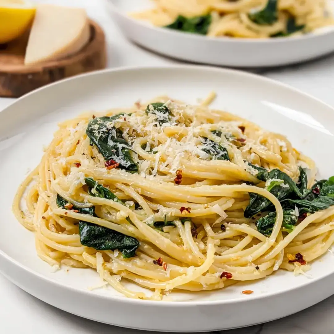Spaghetti mit viel Spinat und geschmolzenem Käse auf einem Teller.