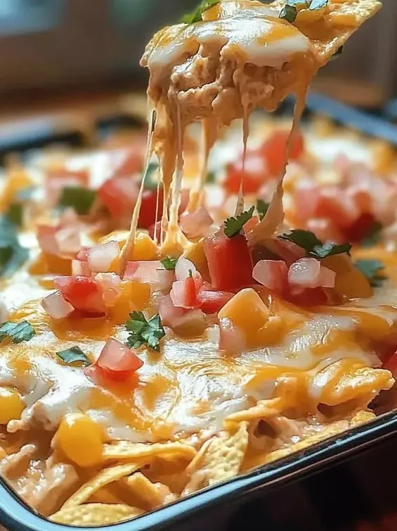 Nahaufnahme von einem leckeren Auflauf mit geschmolzenem Käse und Tomaten.