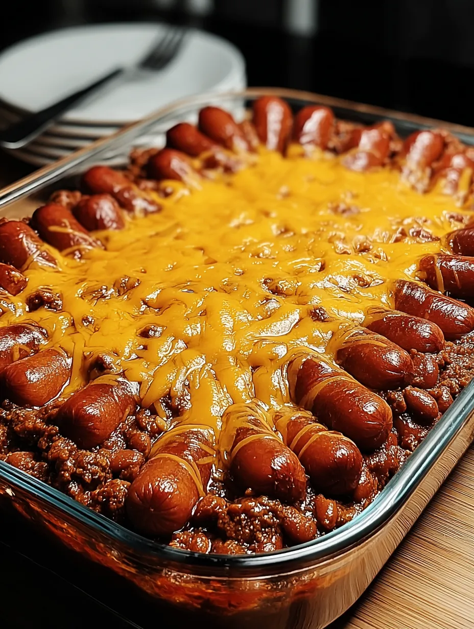 Eine Auflaufform voll Chili mit Würstchen darin.