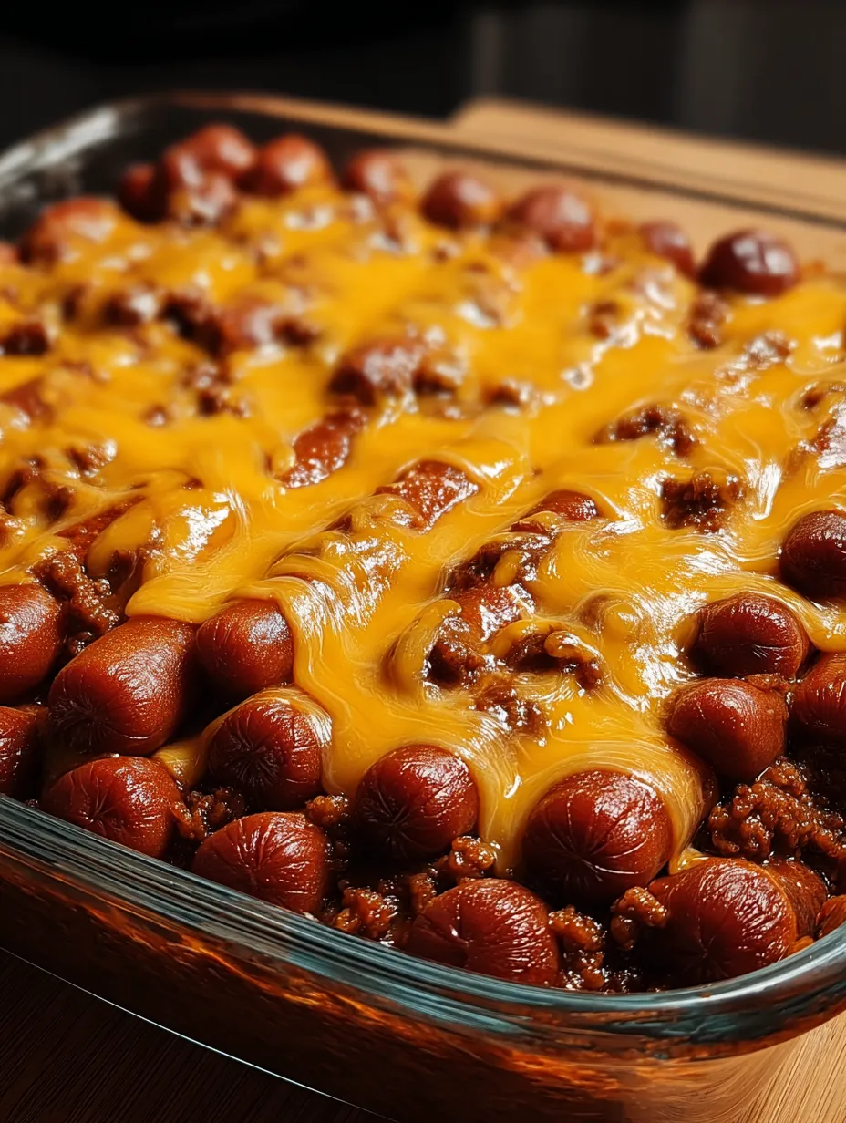 Ein Teller mit Chili und oben drauf Würstchen.