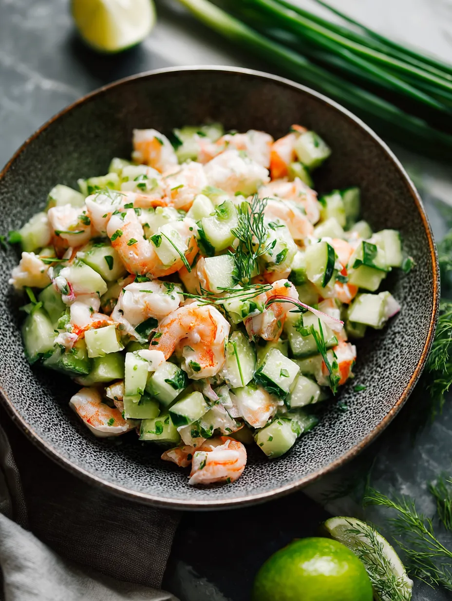 Schale mit Garnelen-Gurkensalat und frischen Kräutern.
