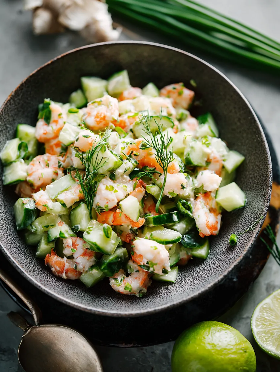 Schale mit Garnelen-Gurkensalat und frischen Kräutern.