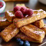 Ein Stapel French Toast mit Himbeeren oben drauf.