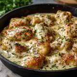 Eine Pfanne mit Huhn, Käse und Kräutern.