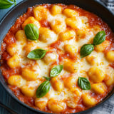 Eine Schüssel Pasta mit Käse und Basilikum.