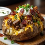 Nahaufnahme von Kartoffeln mit Bacon und Käse.