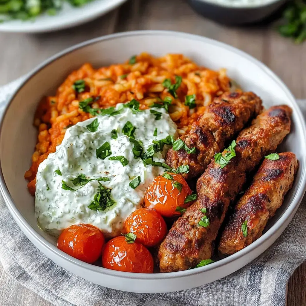Eine Schüssel mit veganen Cevapcici, cremigen Tomaten-Kritharaki, saftigen Tomaten und frischem Cilantro garniert.