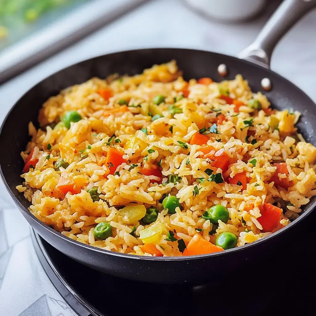 Eine farbenfrohe Pfanne mit Reis, Paprika, Erbsen und Kräutern auf dunklem Hintergrund.