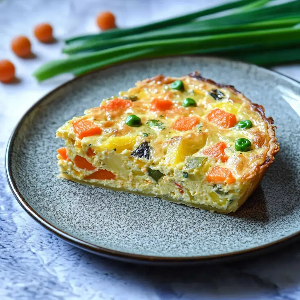 Ein Stück Gemüse Quiche auf einem grauen Teller, garniert mit buntem Gemüse.