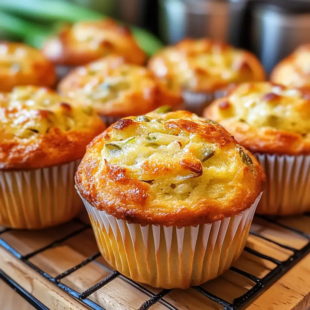 Frisch gebackene, goldgelbe Muffins mit bunten Gemüsestückchen auf einem Gitter. Perfekt knusprig und einladend serviert.