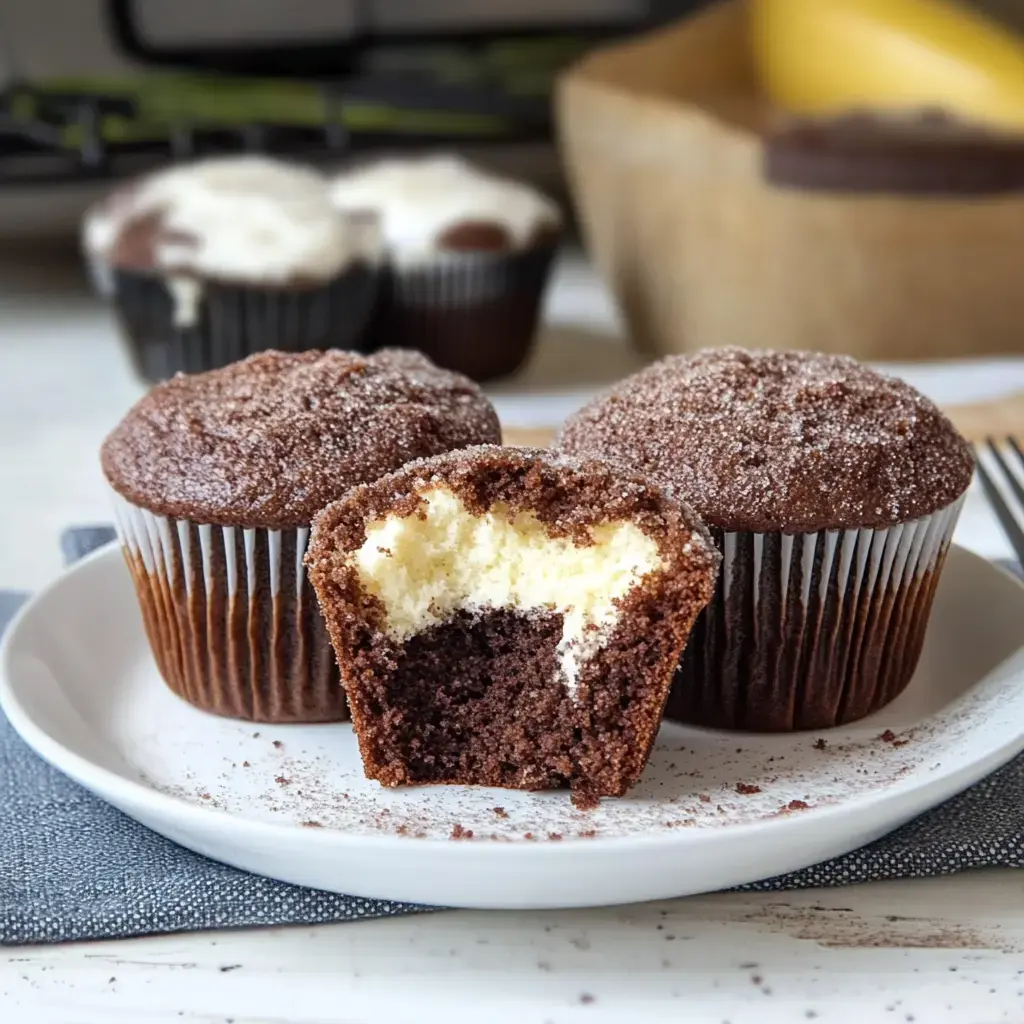 Drei Schoko-Muffins, einer halbiert, zeigt die helle Füllung. Serviert auf einem weißen Teller.