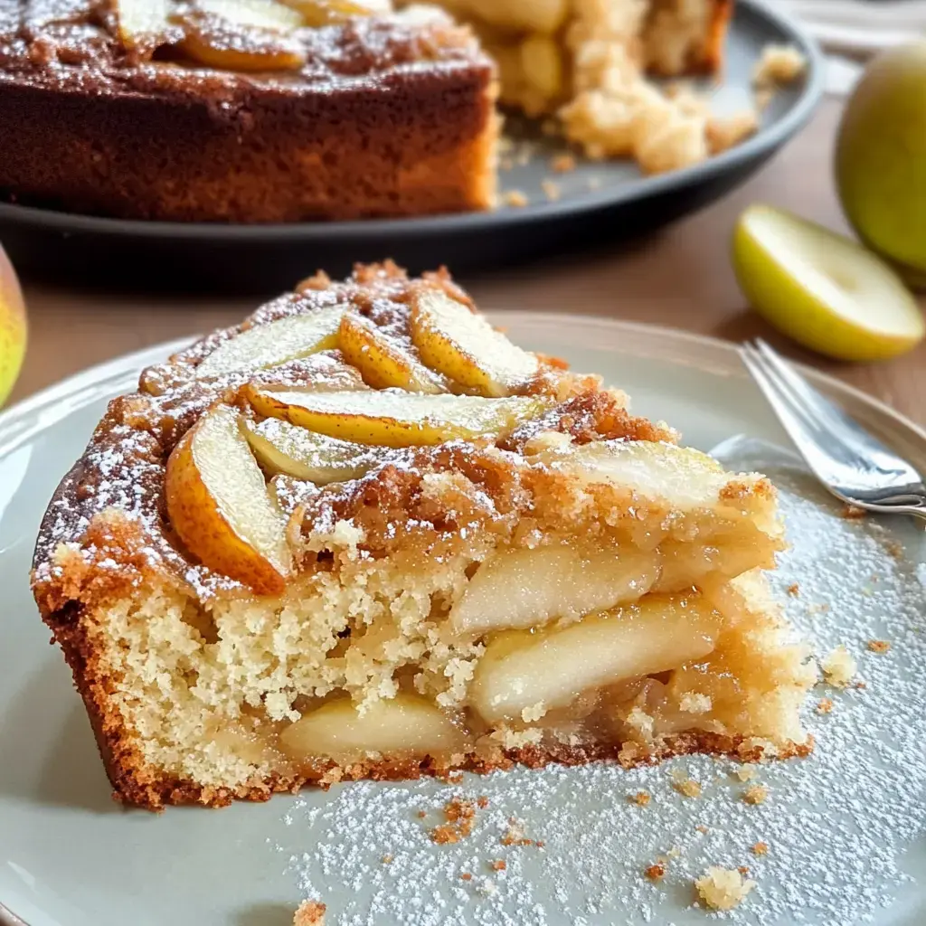Ein leckeres Stück Birnenkuchen mit Mandeln, Servierteller mit Birnenstücken und Puderzucker bestäubt.