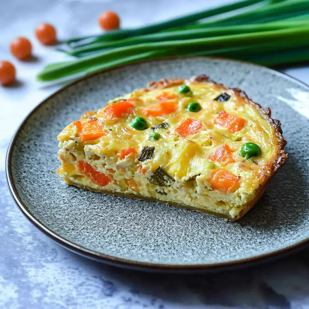 Ein Stück Gemüse-Quiche mit Möhren, Erbsen und Zucchini auf einem Teller, umgeben von Schnittlauch.