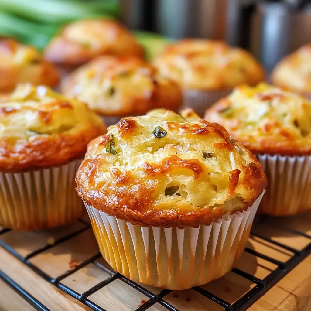 Goldbraune Muffins mit knuspriger Kruste und sichtbaren Stückchen grüner Zwiebeln.