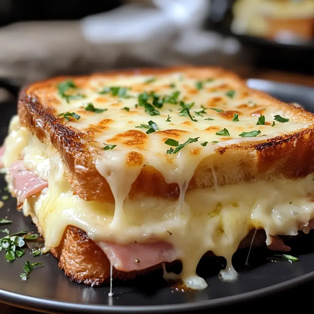 Ein gegrilltes Käse-Sandwich mit geschmolzenem Käse, Schinken und frischen Kräutern auf einem schwarzen Teller.