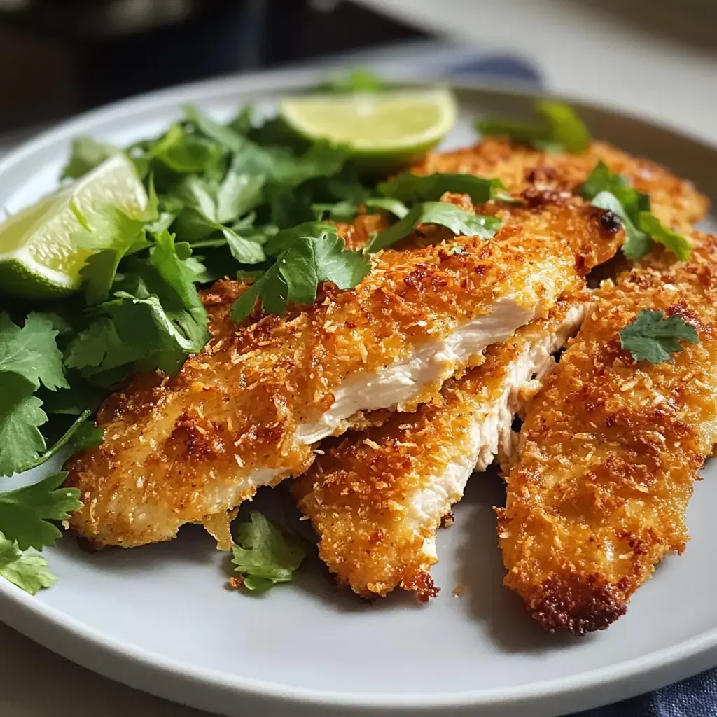 Panierter Fisch mit frischem Koriander und Limettenscheiben auf einem grauen Teller.