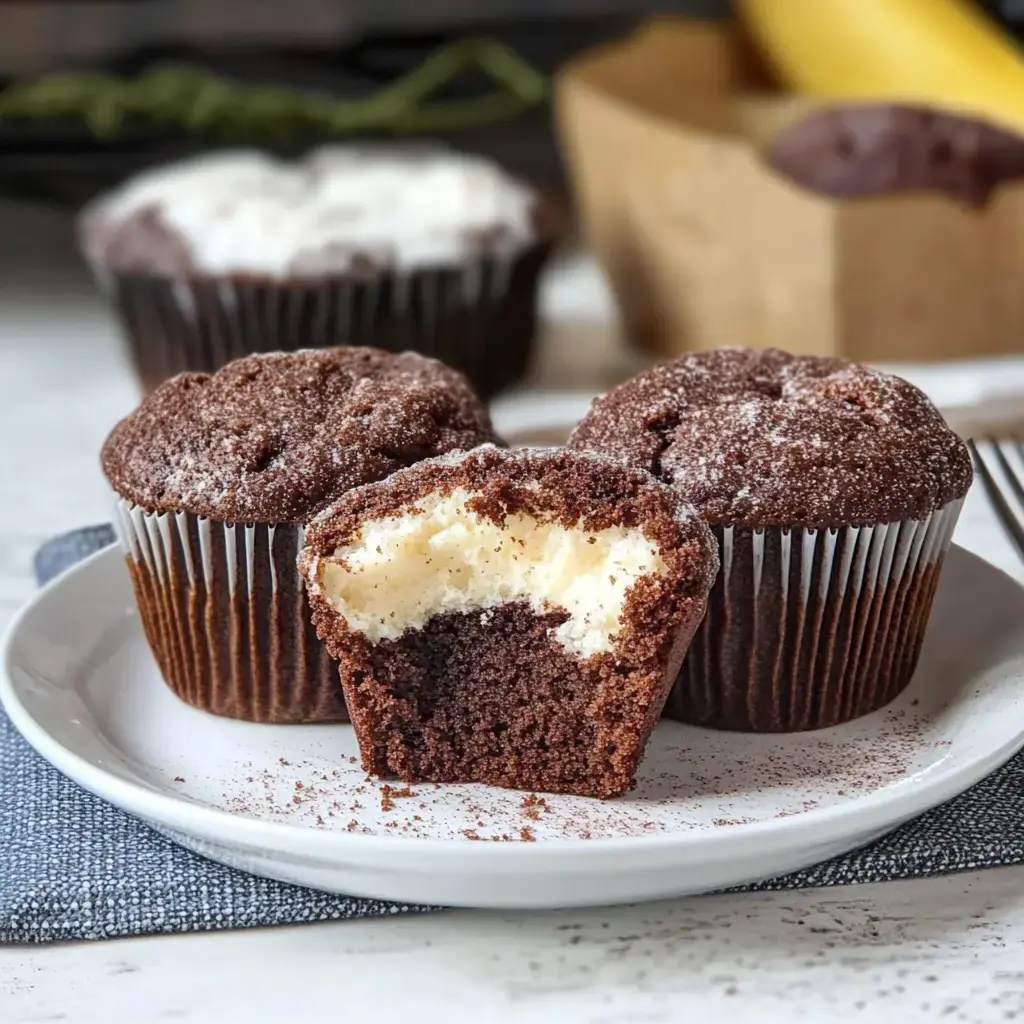 Das Foto zeigt drei Schoko-Muffins, wobei einer auf einem Teller aufgeschnitten ist und die cremige Füllung zeigt.