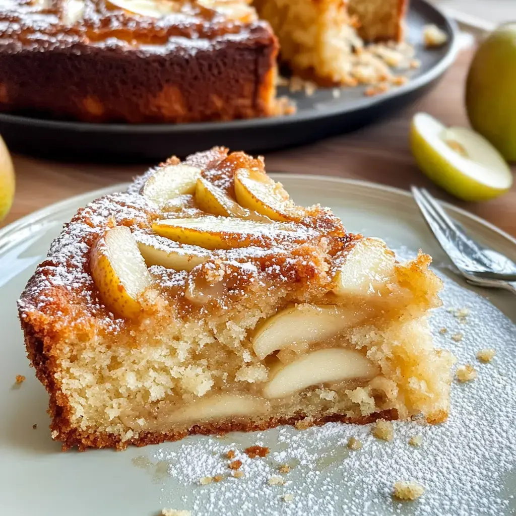 Ein Stück Birnenkuchen mit Puderzucker und frischen grünen Birnenscheiben auf einem Teller, daneben ein ganzer Kuchen.