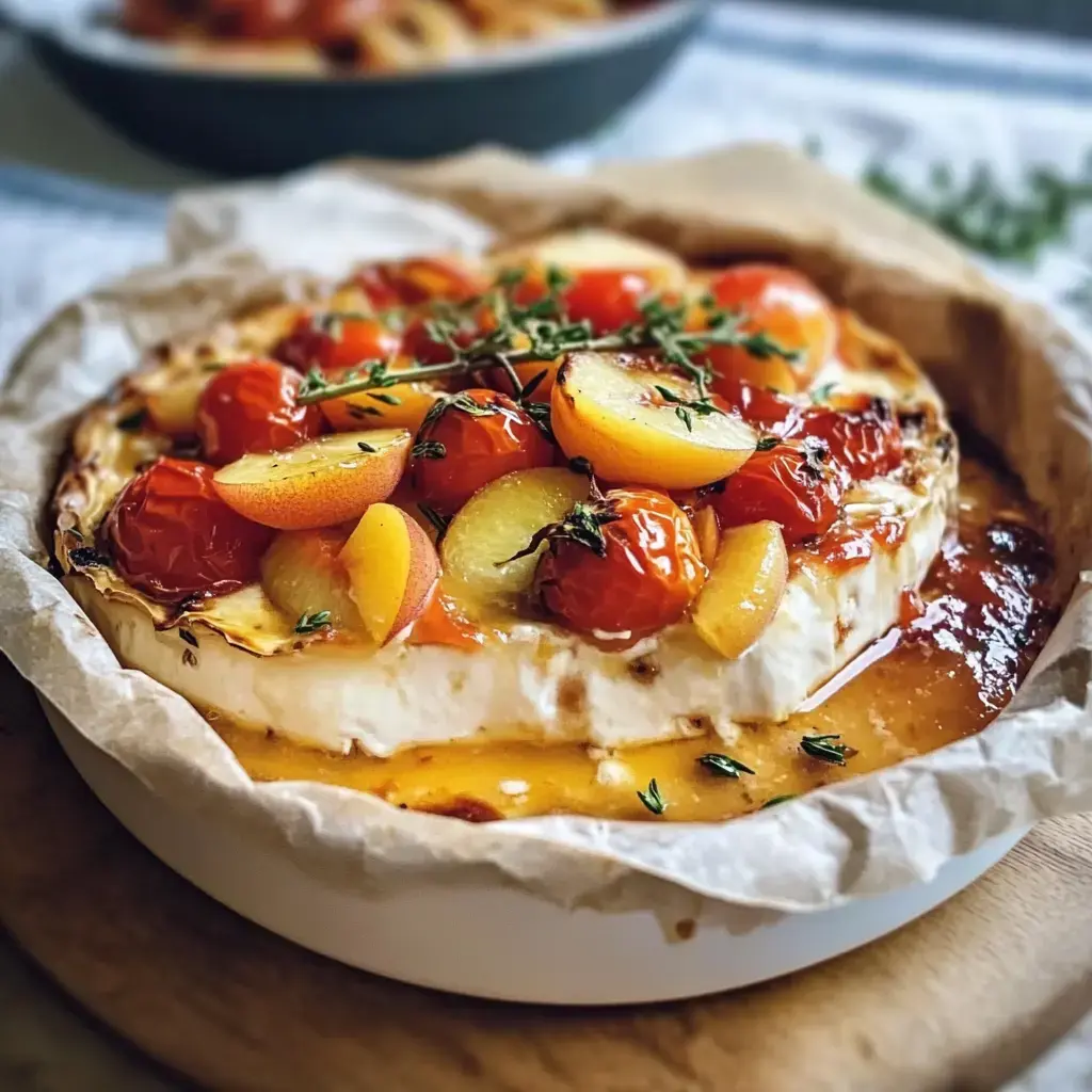 Überbackener Camembert mit roten Kirschtomaten und goldenen Pfirsichstücken, verziert mit frischem Thymian in einer rustikalen Auflaufform.