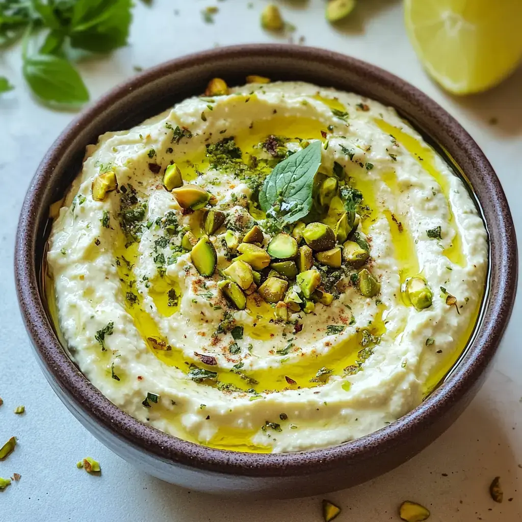 Eine Schüssel mit cremigem Hummus, garniert mit gehackten Pistazien, Olivenöl und frischen Kräutern.