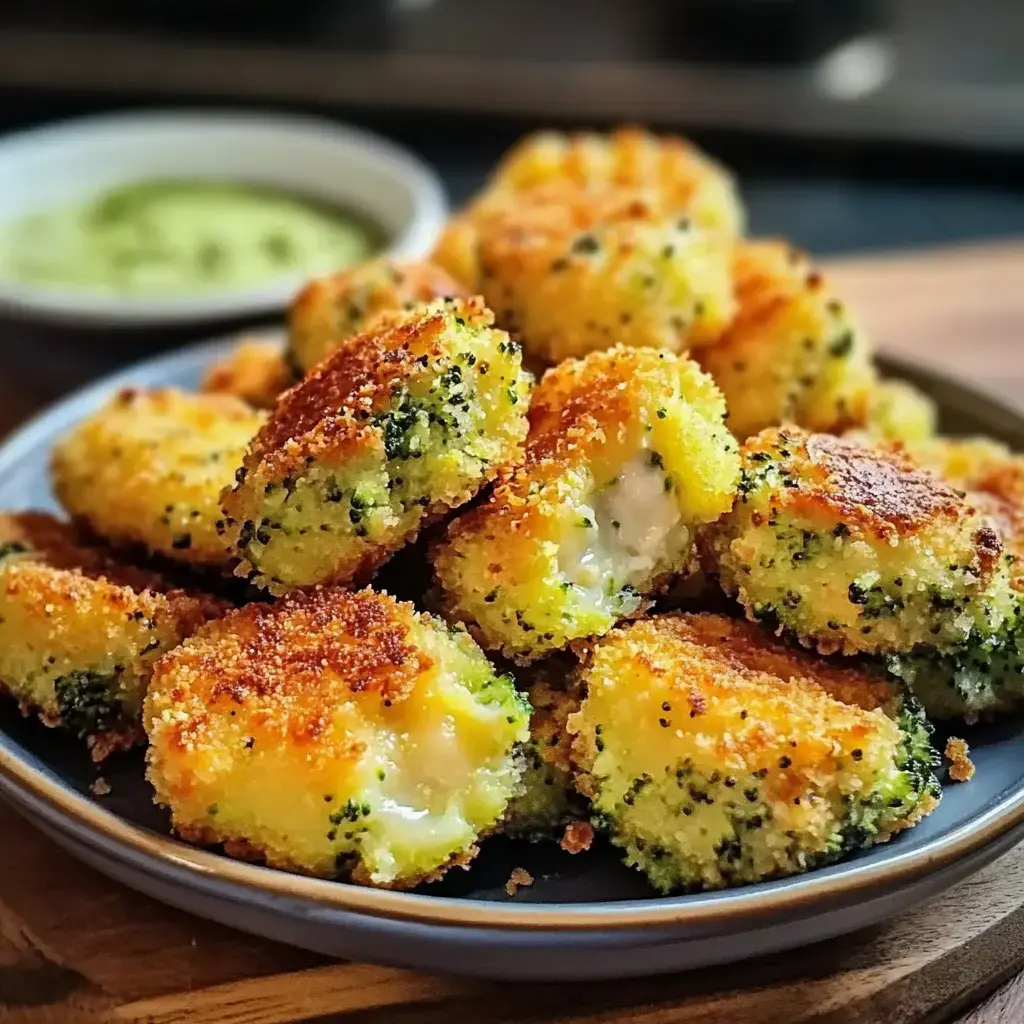Frittierte Brokkoli-Kroketten auf einem Teller mit einem kleinen Schälchen grüner Dip-Sauce im Hintergrund.