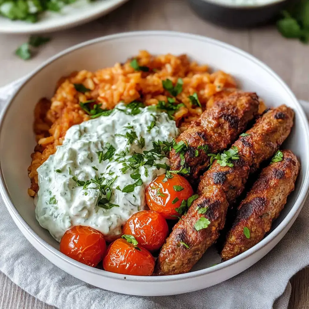Ein Teller mit gegrillten Gemüsespießen, gewürzten Nudeln, frischen Kirschtomaten und pflanzlicher Joghurtsoße, verziert mit Petersilie.