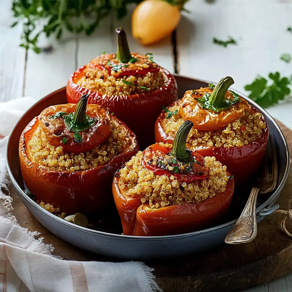 Gefüllte rote Paprika mit Quinoa und Kräutern, serviert in einer Schüssel.