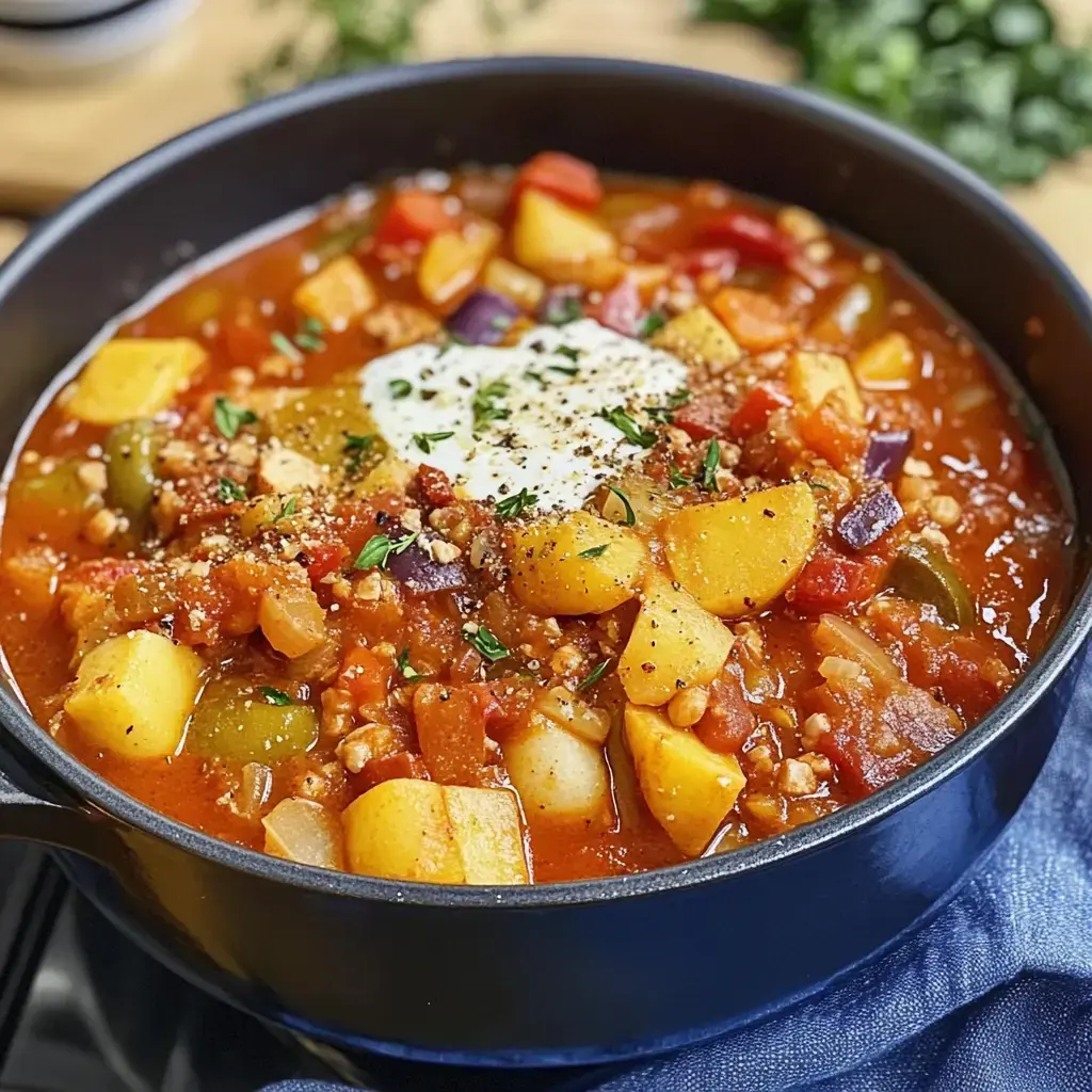Ein schwarzer Topf mit einer bunten Gemüsesuppe, garniert mit einem Klecks Schmand und gehackten Kräutern.