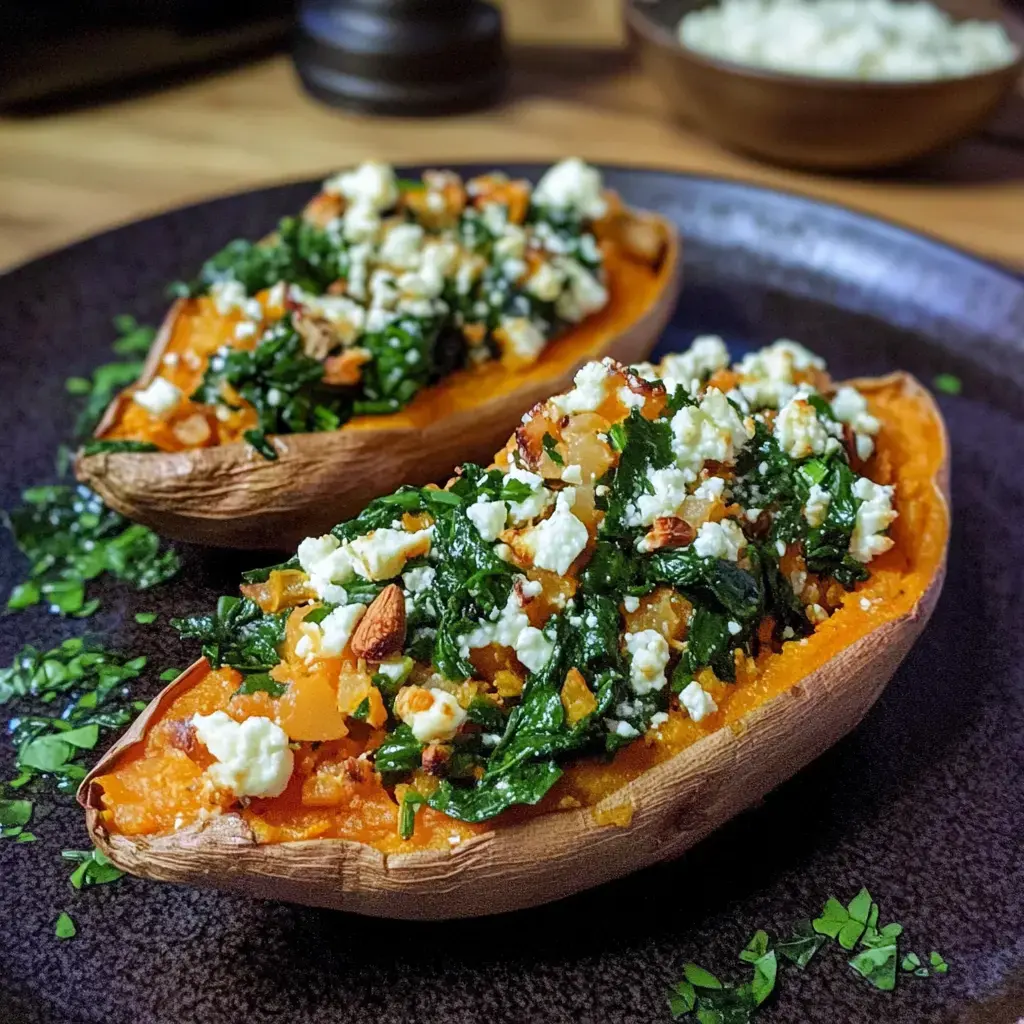 Ofenfrische Süßkartoffeln gefüllt mit Spinat und Feta auf schwarzem Teller serviert.