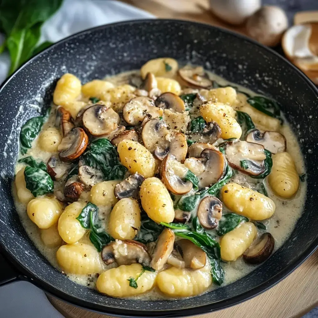 Eine Pfanne mit Kartoffelklößchen in einer cremigen Sauce, garniert mit Pilzen und frischem Spinat.