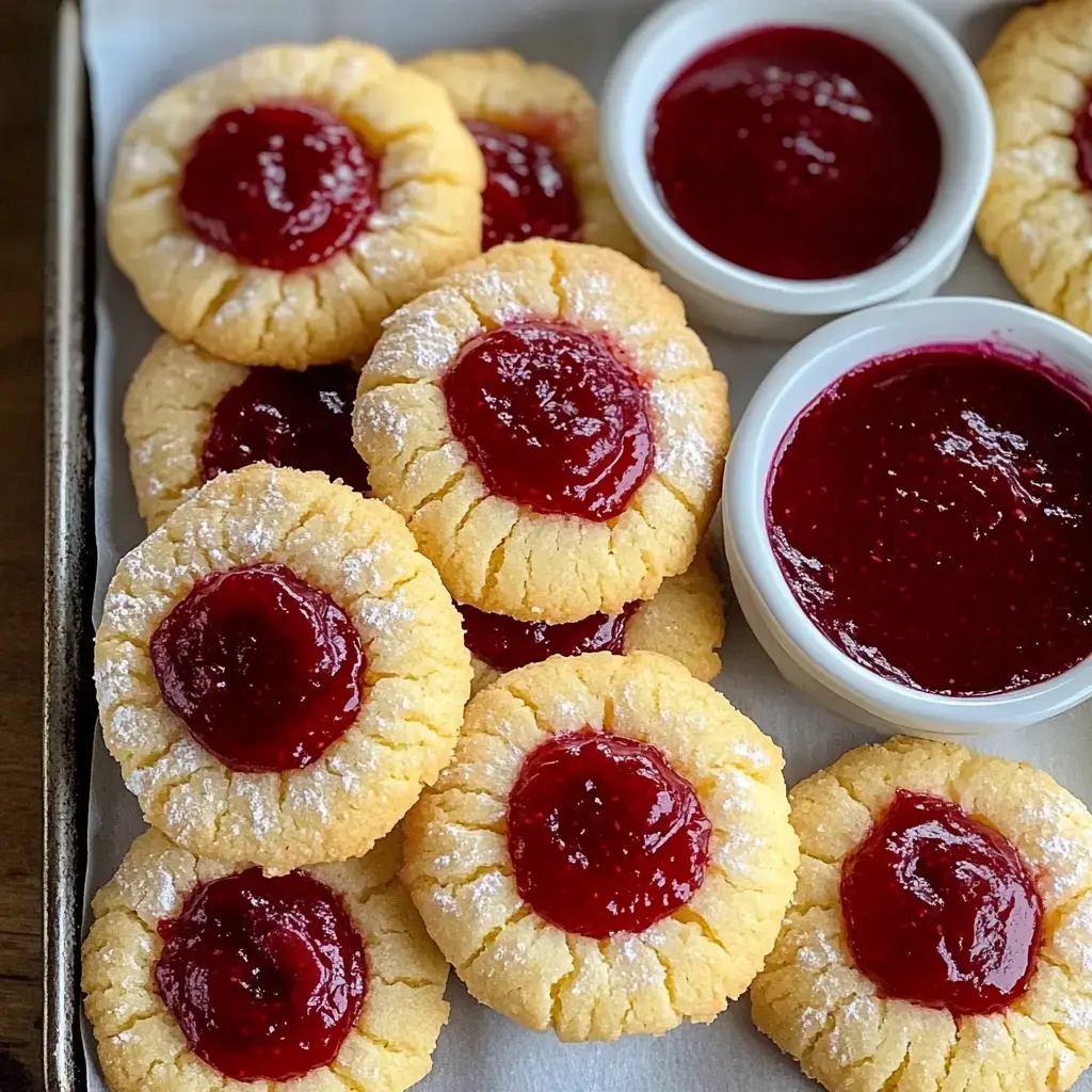 Ein Blech mit zarten Keksen, deren Mitte mit Himbeermarmelade gefüllt ist, daneben kleine Schälchen mit weiterer Marmelade.